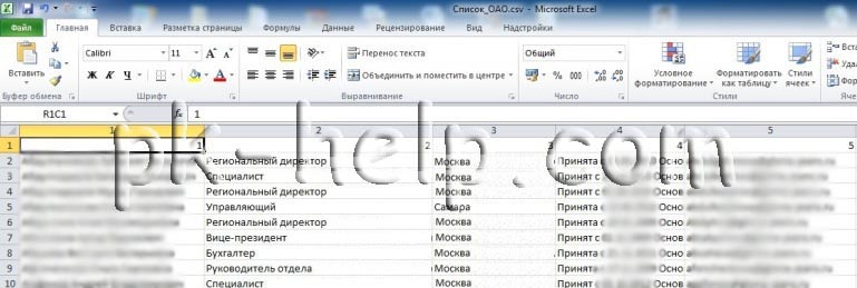 Фото Excel документа для изменения должности у пользователей в AD