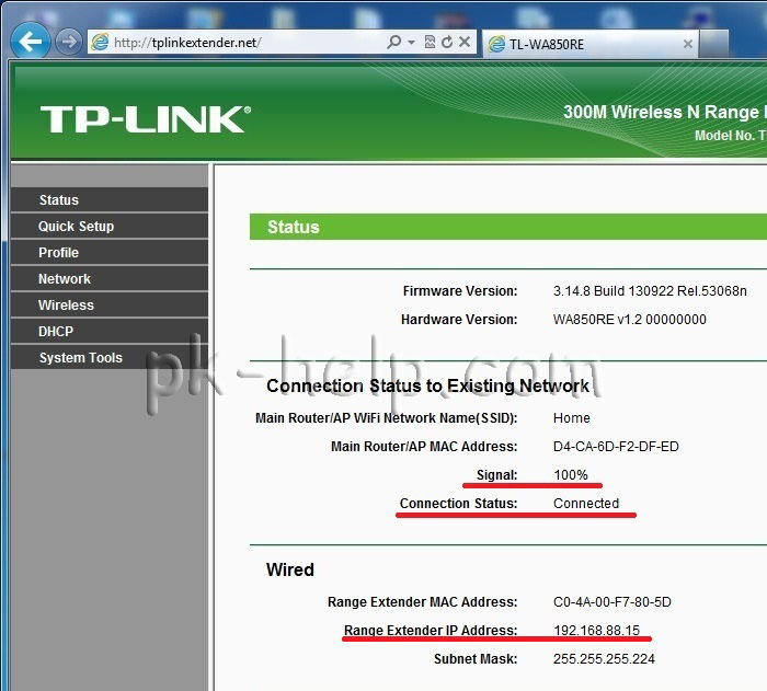 Фото Веб интерфейс Tp-Link WA850RE подключенного к Wi-Fi сети